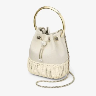 Bon Bon Almond Mix Flecked Canvas and Wicker Bucket Bag