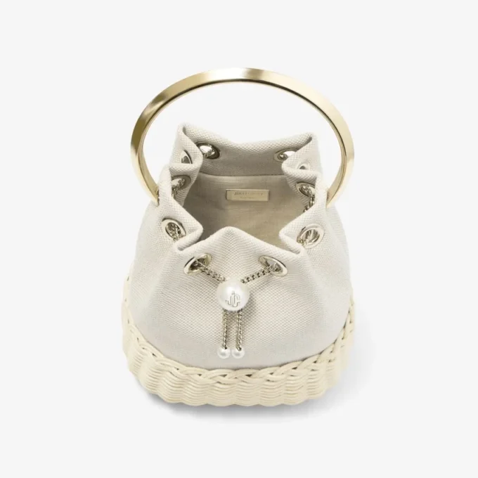 Bon Bon Almond Mix Flecked Canvas and Wicker Bucket Bag