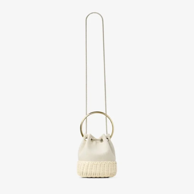 Bon Bon Almond Mix Flecked Canvas and Wicker Bucket Bag