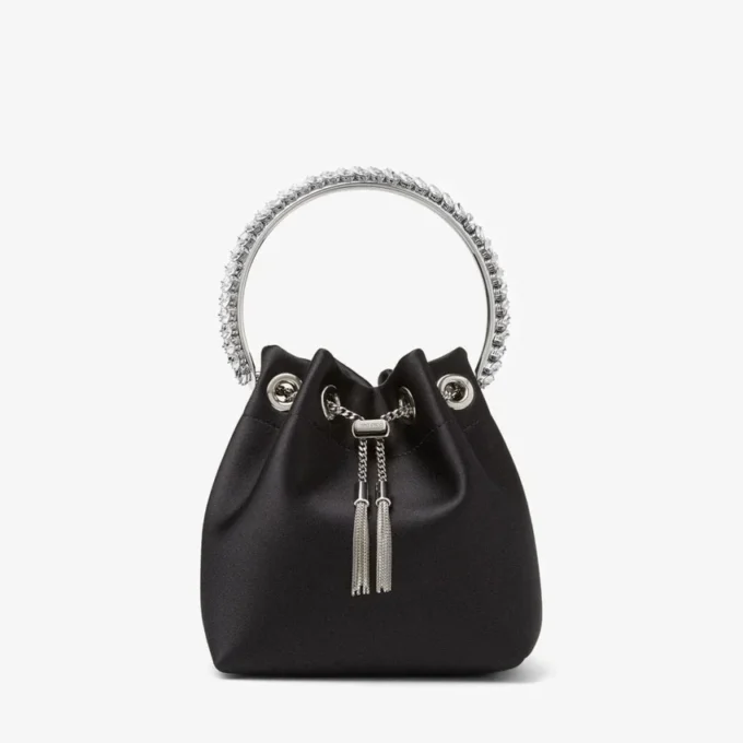 Bon Bon Black Satin Bag with Crystal Handle