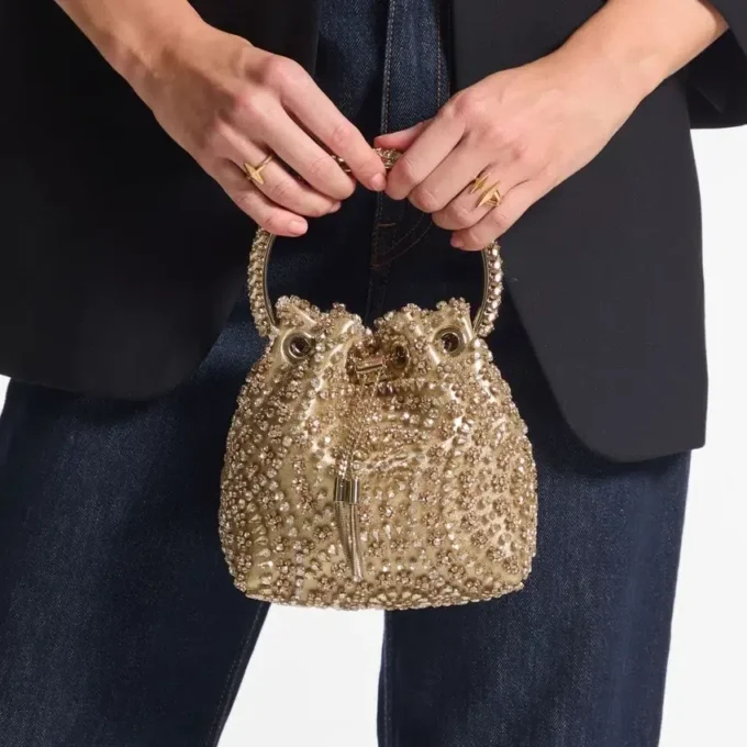 Bon Bon Gold Metallic Nappa Handbag with Crystal Embroidery