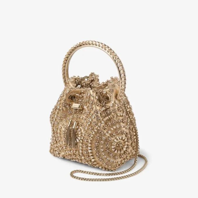Bon Bon Gold Metallic Nappa Handbag with Crystal Embroidery