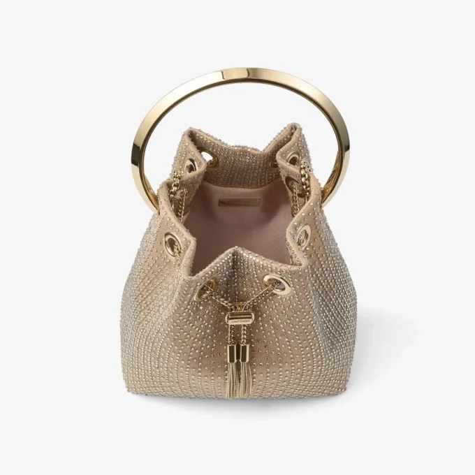 Bon Bon Light Gold Satin and Illusion Crystal Mesh Handbag