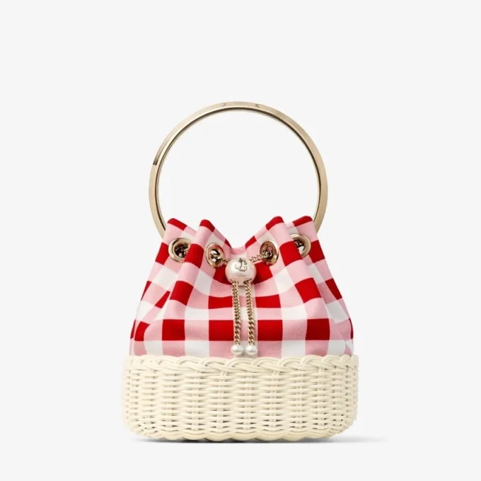 Bon Bon Ruby Red Gingham Cotton Fabric and Wicker Bucket Bag