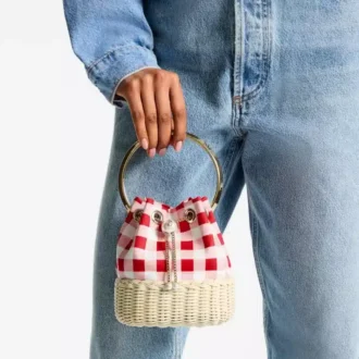 Bon Bon Ruby Red Gingham Cotton Fabric and Wicker Bucket Bag
