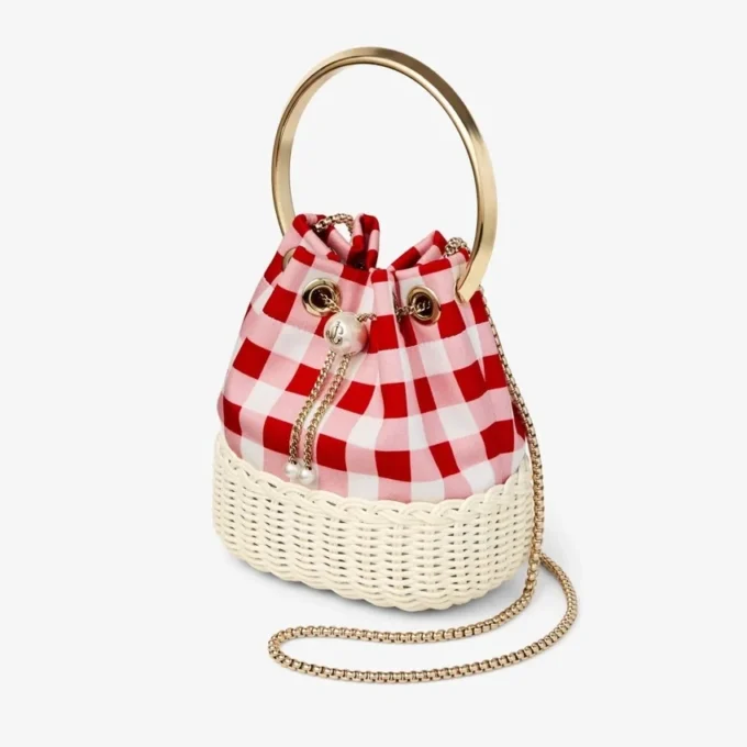 Bon Bon Ruby Red Gingham Cotton Fabric and Wicker Bucket Bag