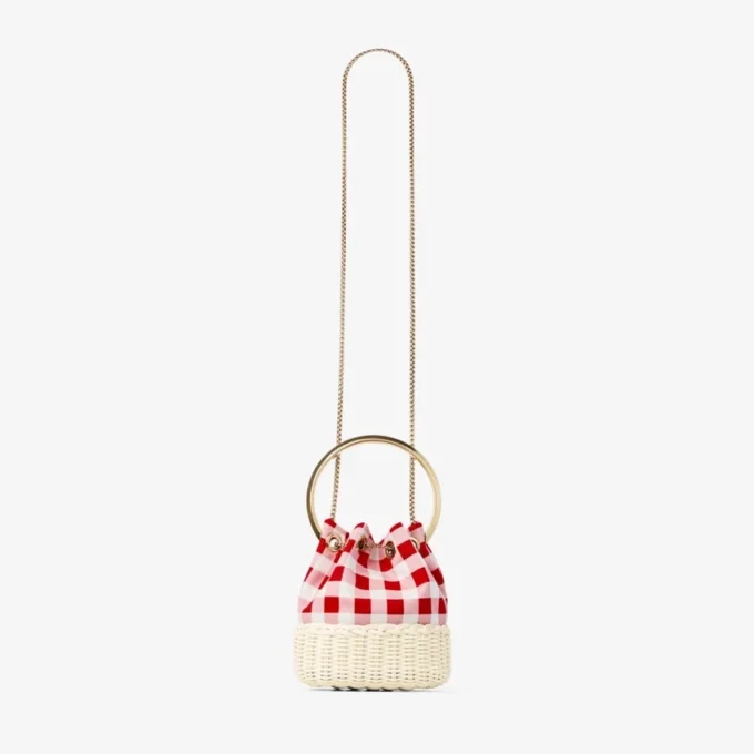 Bon Bon Ruby Red Gingham Cotton Fabric and Wicker Bucket Bag