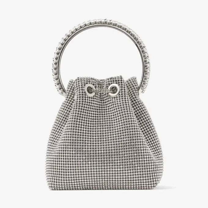 Bon Bon Silver Satin Crystal Mesh Bag with Crystal Handle