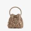 Bon Bon Tan Metallic Crystal Mesh Handbag with Crystal Handle