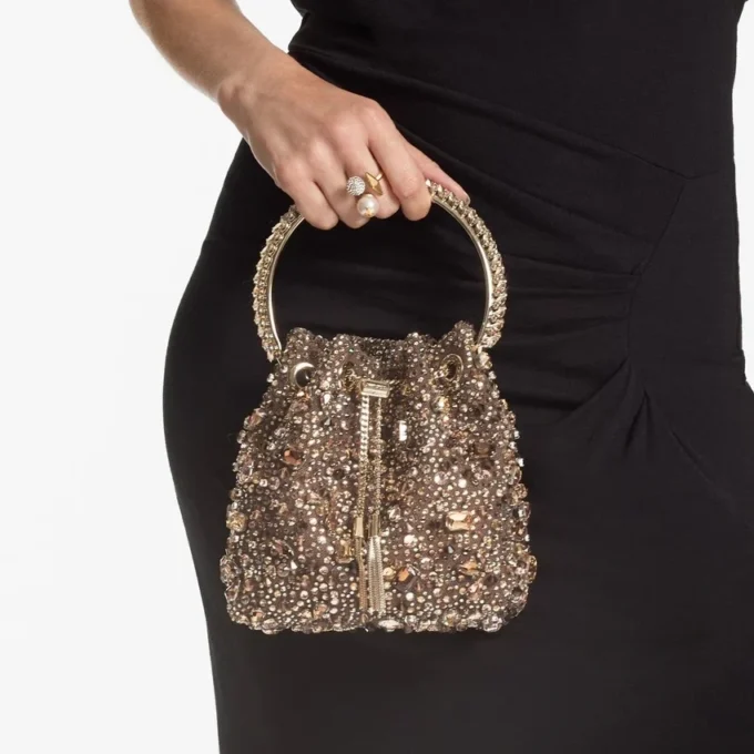 Bon Bon Tan Metallic Crystal Mesh Handbag with Crystal Handle