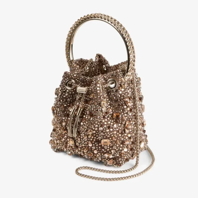 Bon Bon Tan Metallic Crystal Mesh Handbag with Crystal Handle