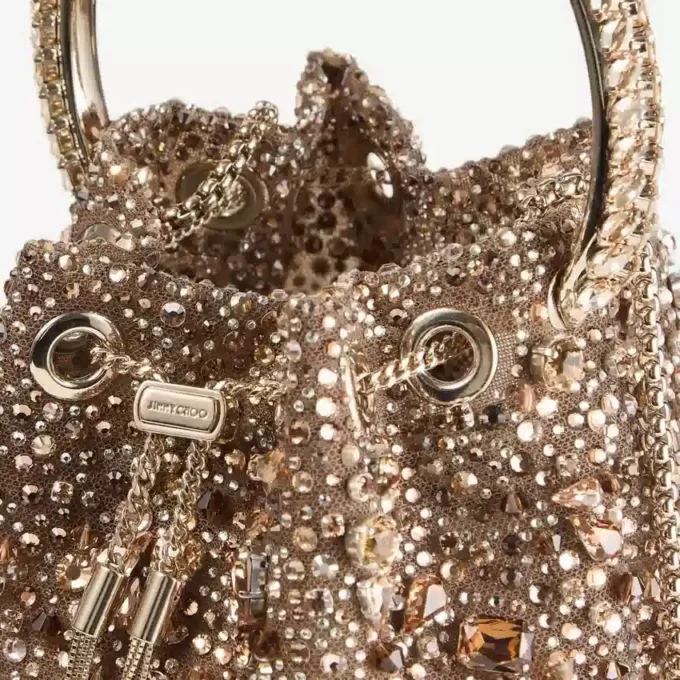 Bon Bon Tan Metallic Crystal Mesh Handbag with Crystal Handle