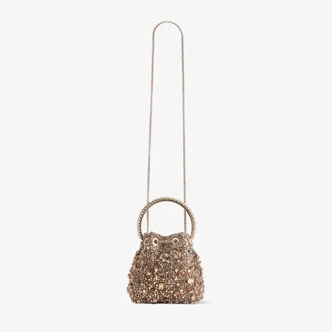 Bon Bon Tan Metallic Crystal Mesh Handbag with Crystal Handle