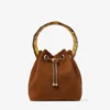 Bon Bon Tan Suede Bucket Bag with Bead Closure and Tortoishell Handle