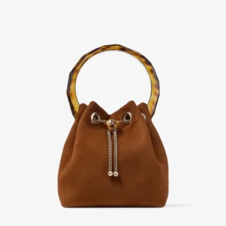 Bon Bon Tan Suede Bucket Bag with Bead Closure and Tortoishell Handle