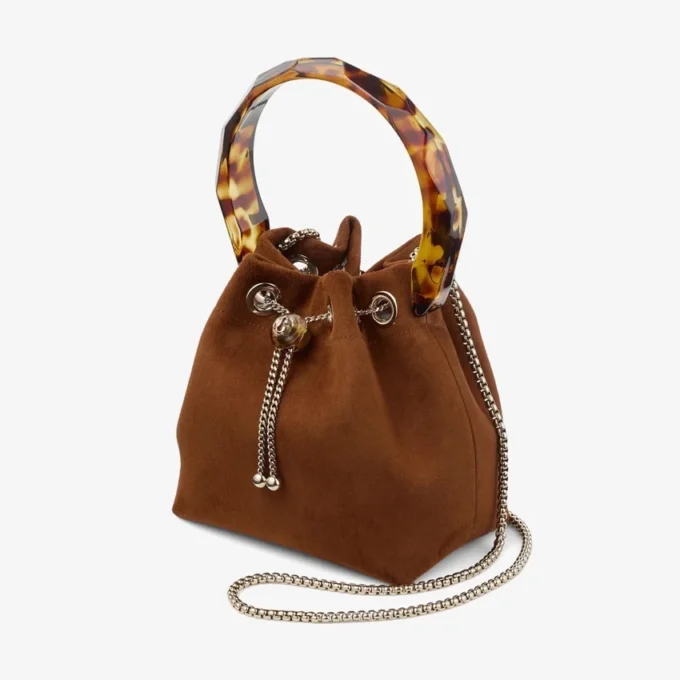 Bon Bon Tan Suede Bucket Bag with Bead Closure and Tortoishell Handle