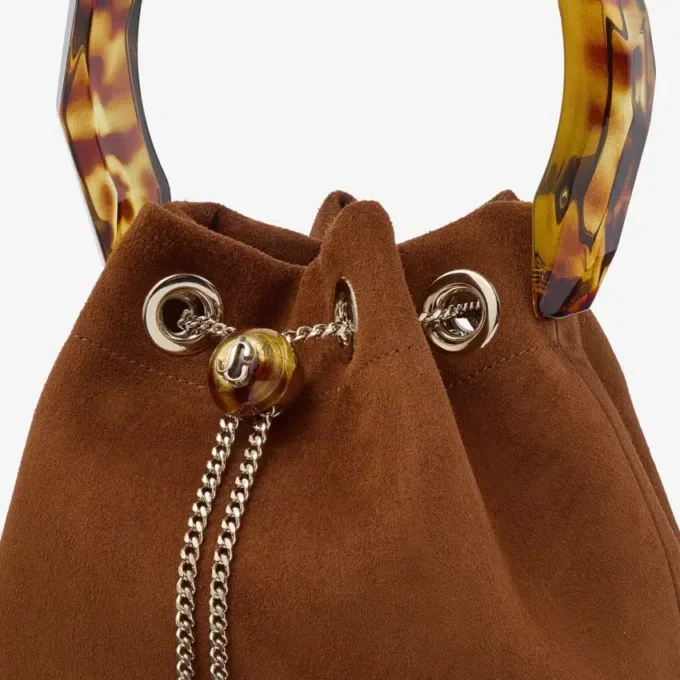 Bon Bon Tan Suede Bucket Bag with Bead Closure and Tortoishell Handle
