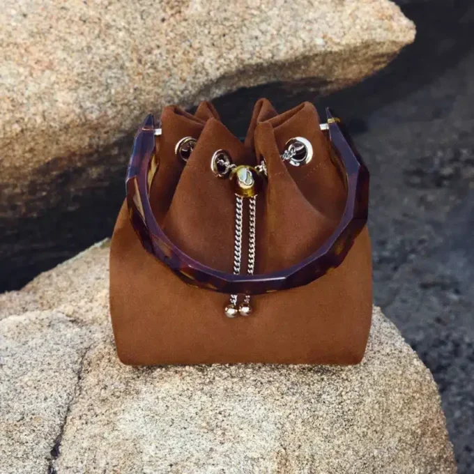 Bon Bon Tan Suede Bucket Bag with Bead Closure and Tortoishell Handle