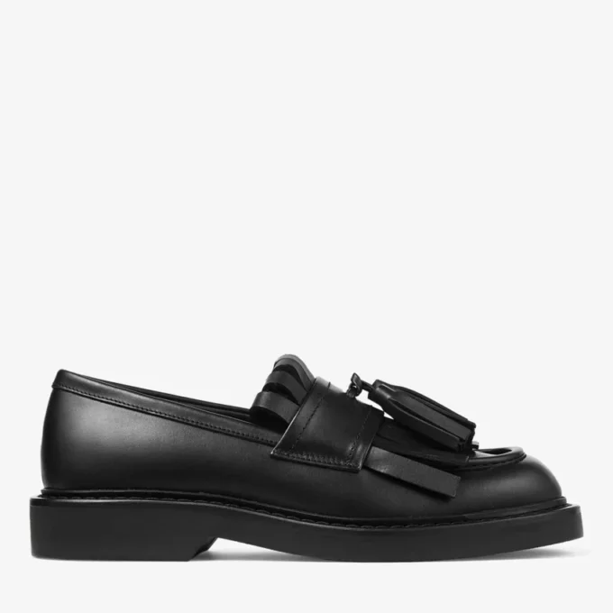 Buff Fringe Loafer Black Box Calf Leather Loafers