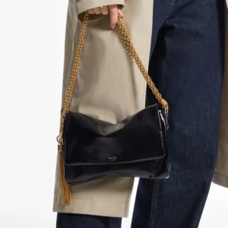 Callie Flap Black Shiny Biker Leather Shoulder Bag