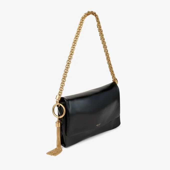 Callie Flap Black Shiny Biker Leather Shoulder Bag
