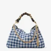 Callie Maxi Marine Mix Gingham Raffia Shoulder Bag with Detachable Woven Nappa Leather Strap