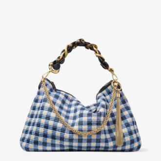 Callie Maxi Marine Mix Gingham Raffia Shoulder Bag with Detachable Woven Nappa Leather Strap
