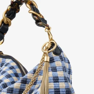 Callie Maxi Marine Mix Gingham Raffia Shoulder Bag with Detachable Woven Nappa Leather Strap