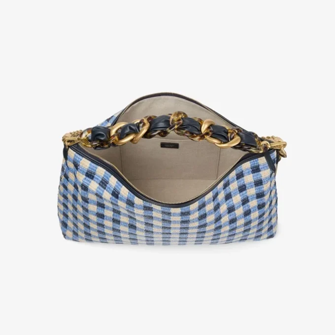 Callie Maxi Marine Mix Gingham Raffia Shoulder Bag with Detachable Woven Nappa Leather Strap