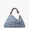 Callie Maxi Marine Mix Gingham Raffia Shoulder Bag with Detachable Woven Nappa Leather Strap