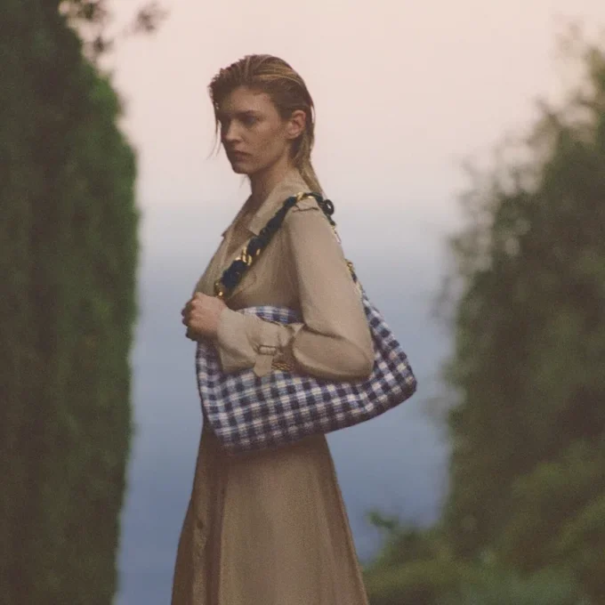 Callie Maxi Marine Mix Gingham Raffia Shoulder Bag with Detachable Woven Nappa Leather Strap