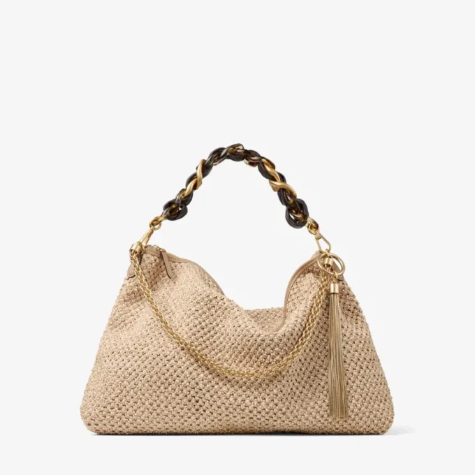 Callie Maxi Natural and Coffee Raffia Shoulder Bag with Detachable Woven Nappa Leather Strap