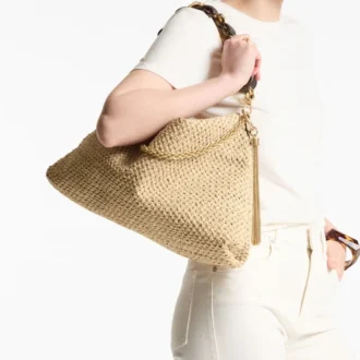Callie Maxi Natural and Coffee Raffia Shoulder Bag with Detachable Woven Nappa Leather Strap