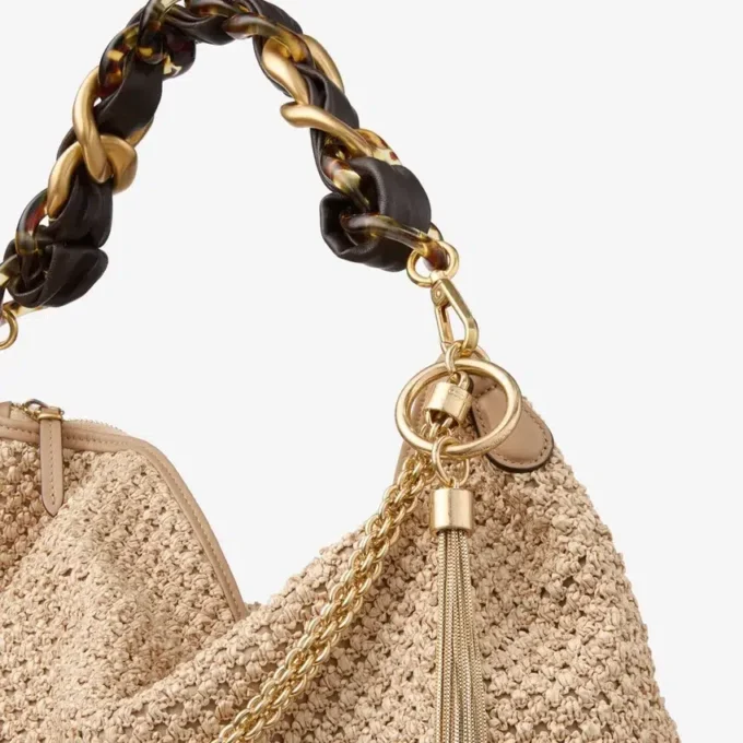 Callie Maxi Natural and Coffee Raffia Shoulder Bag with Detachable Woven Nappa Leather Strap