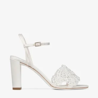 Cary 85 Ivory Satin Block Heel Sandal with Pearl Embellishments