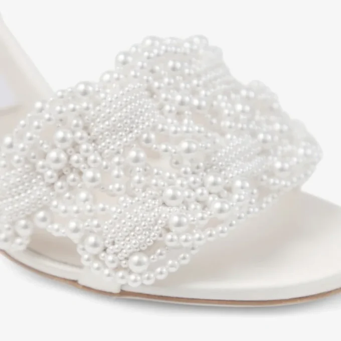 Cary 85 Ivory Satin Block Heel Sandal with Pearl Embellishments