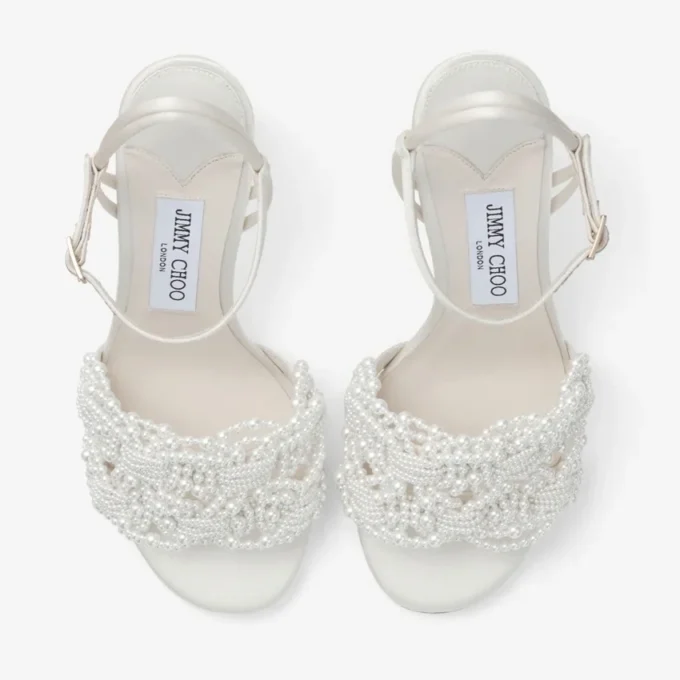 Cary 85 Ivory Satin Block Heel Sandal with Pearl Embellishments