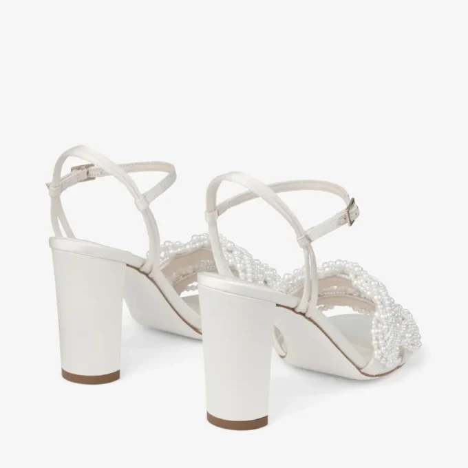 Cary 85 Ivory Satin Block Heel Sandal with Pearl Embellishments