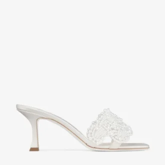Cary Mule 70 Ivory Satin Mule Sandal with Pearl Embellishments