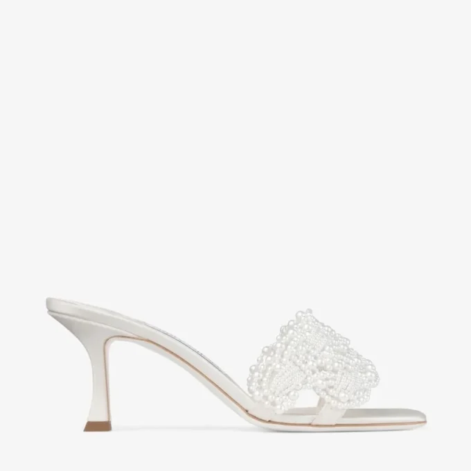 Cary Mule 70 Ivory Satin Mule Sandal with Pearl Embellishments