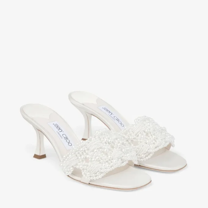 Cary Mule 70 Ivory Satin Mule Sandal with Pearl Embellishments