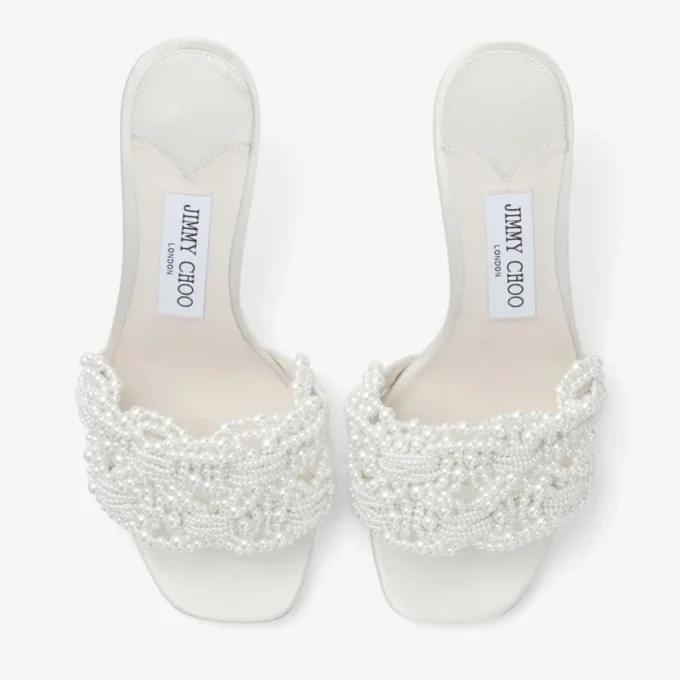 Cary Mule 70 Ivory Satin Mule Sandal with Pearl Embellishments