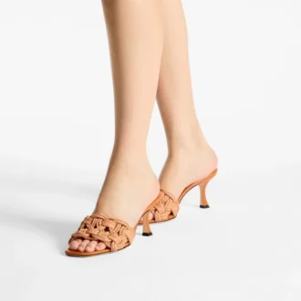Chara 70 Sunset Orange Crochet Raffia and Nappa Leather Mule Sandals