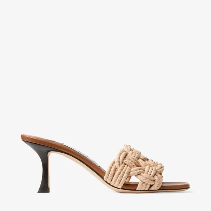 Chara 70 Tan Leather and Crochet Raffia Mule Sandal