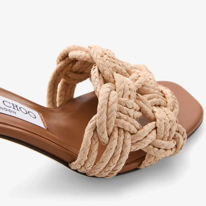 Chara 70 Tan Leather and Crochet Raffia Mule Sandal