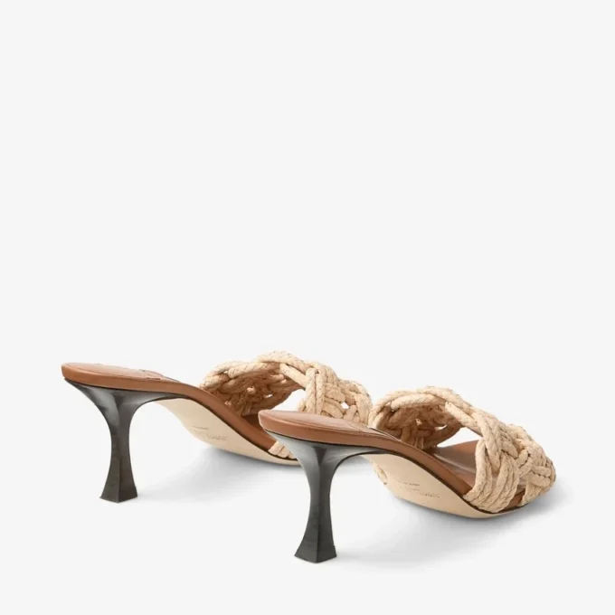 Chara 70 Tan Leather and Crochet Raffia Mule Sandal