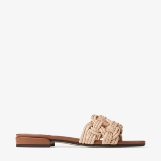 Chara Flat Tan Leather and Crochet Raffia Slide