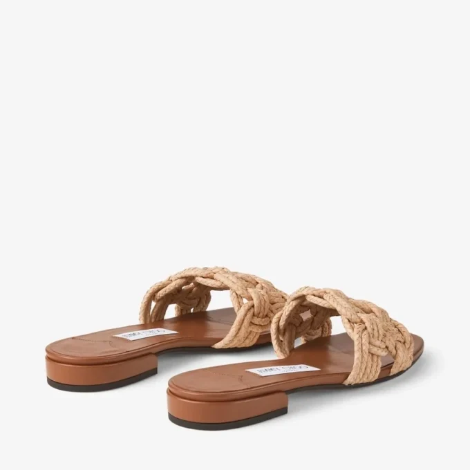 Chara Flat Tan Leather and Crochet Raffia Slide