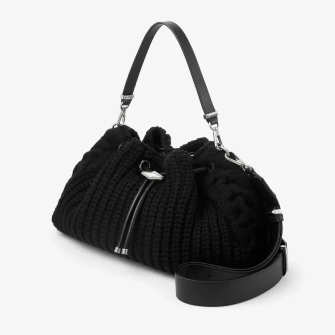Cinch Medium Black Knitted Wool Shoulder Bag