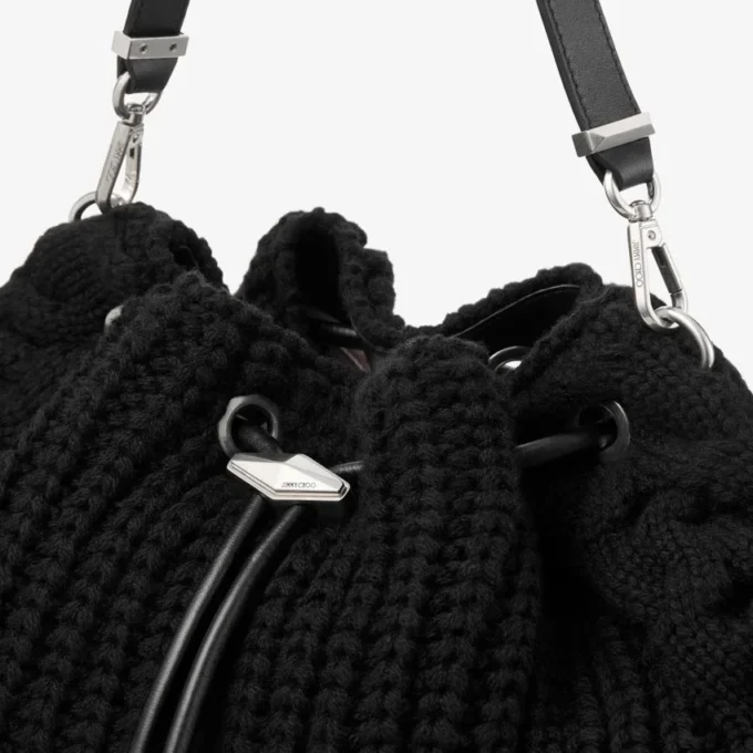 Cinch Medium Black Knitted Wool Shoulder Bag